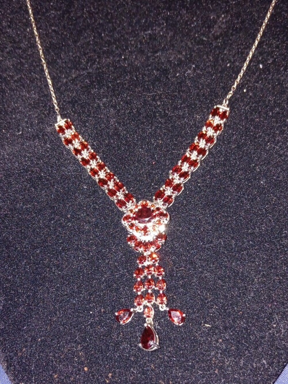 Mozambique Garnet 19.80 ctw Floral Chandelier Necklace in Rhodium Over Sterling